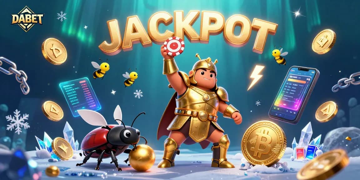 Experience DABET's thrilling jackpot with a victorious beetle, coins, and vibrant casino elements.