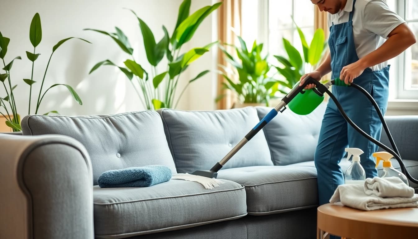 Sofa cleaning in Glasgow by a professional technician, showcasing effective cleaning techniques.