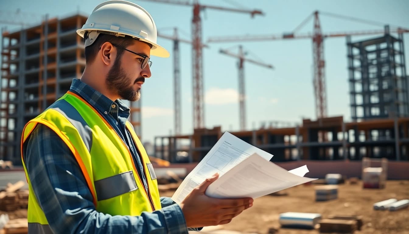 Manhattan General Contractor actively reviewing blueprints at a bustling construction site.