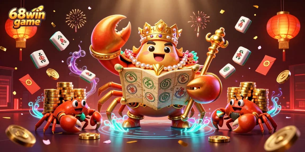 Engage with the excitement of 68win game in a vibrant casino-themed illustration featuring a decorated crab emperor.