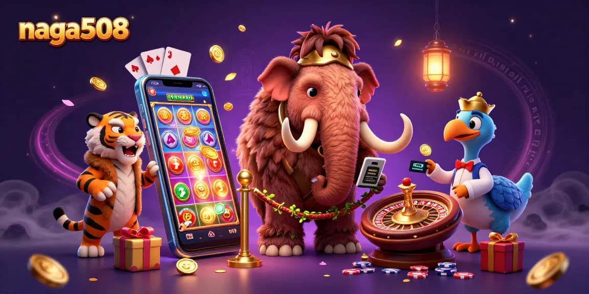 Naga508's vibrant casino scene featuring a woolly mammoth bouncer, a saber-toothed tiger VIP, and game elements.