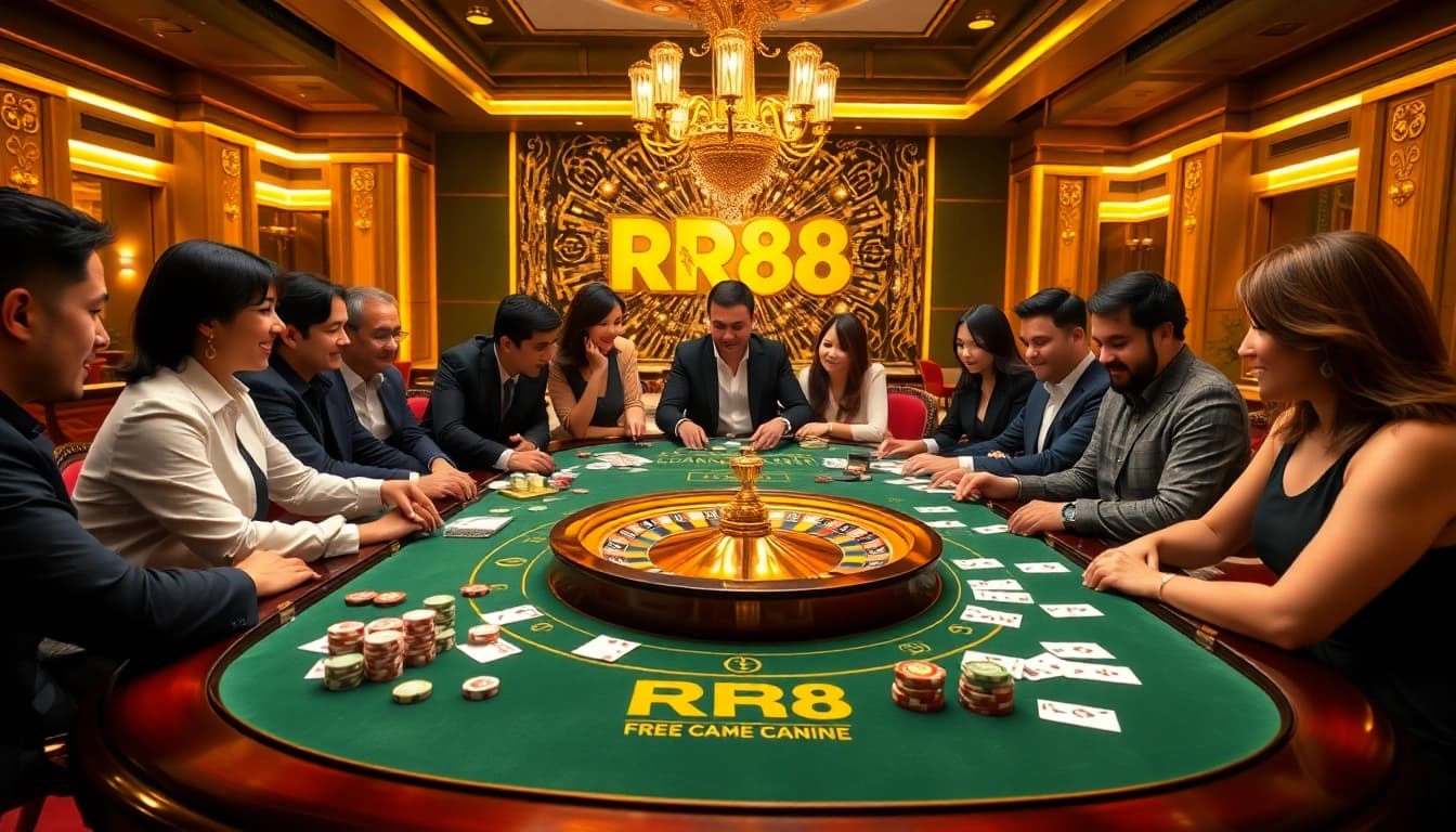 Engaging scene of a gaming table at rr88.com with roulette wheel and players experiencing the thrill of casino gaming.
