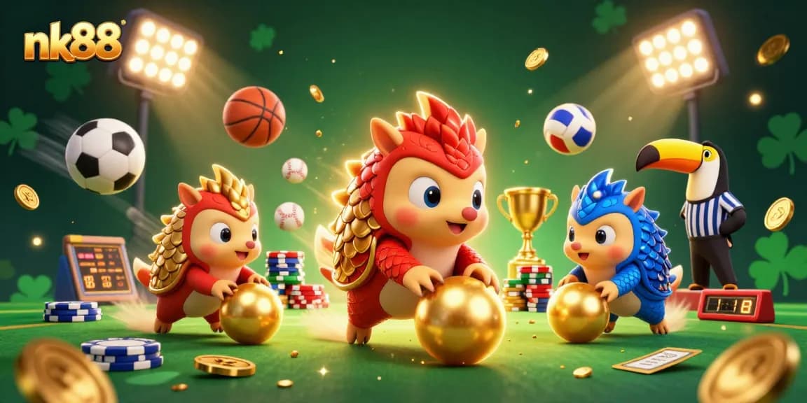 Compete with nk88 as cartoon pangolins roll gold balls among poker chips in a vibrant casino scene.