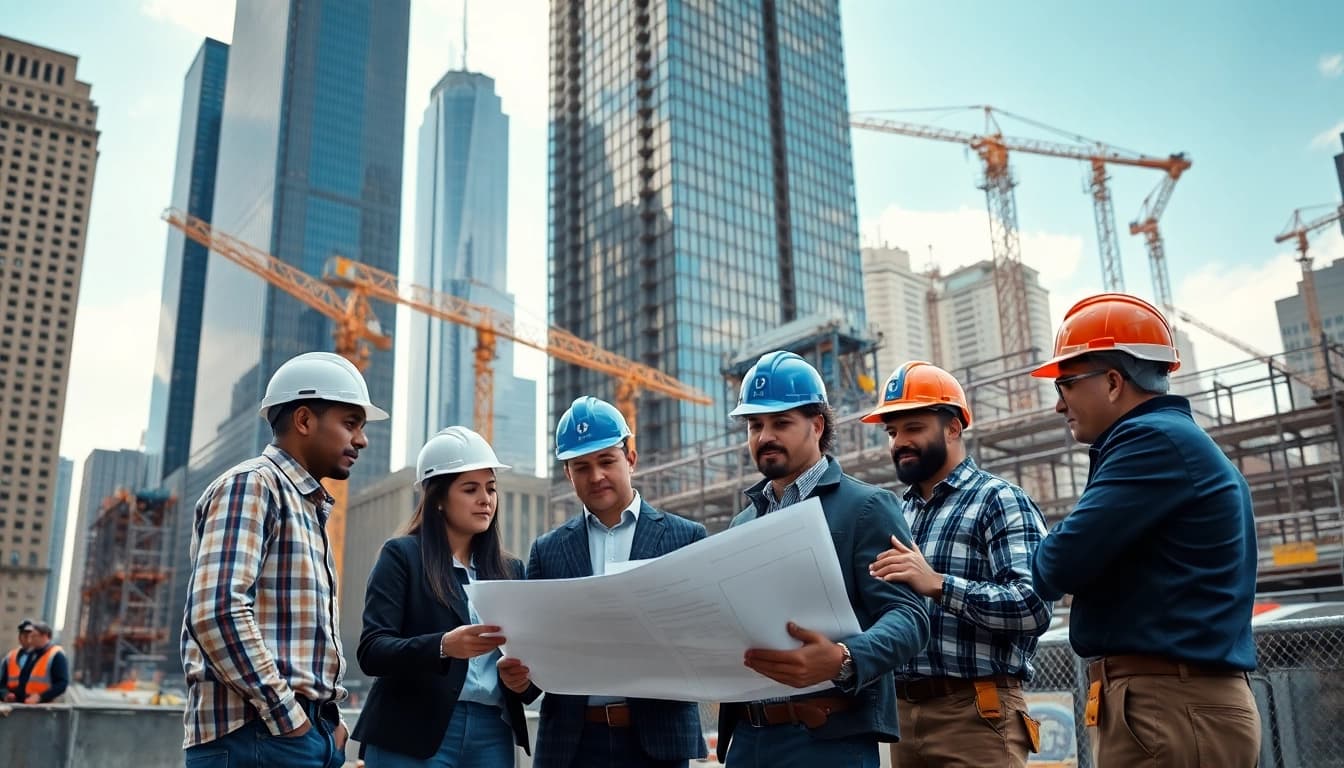 New York City General Contractor collaborating on a construction site with a diverse team of builders.