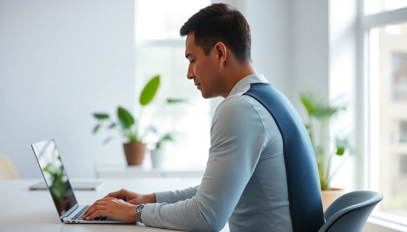 Improve alignment while using a posture garment at a home office desk.