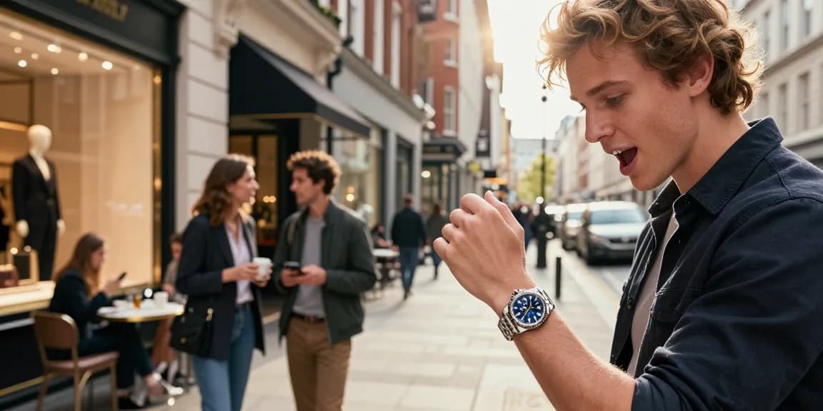 Individual wearing a rolex super clone watch in a lively urban setting, showcasing style and luxury.
