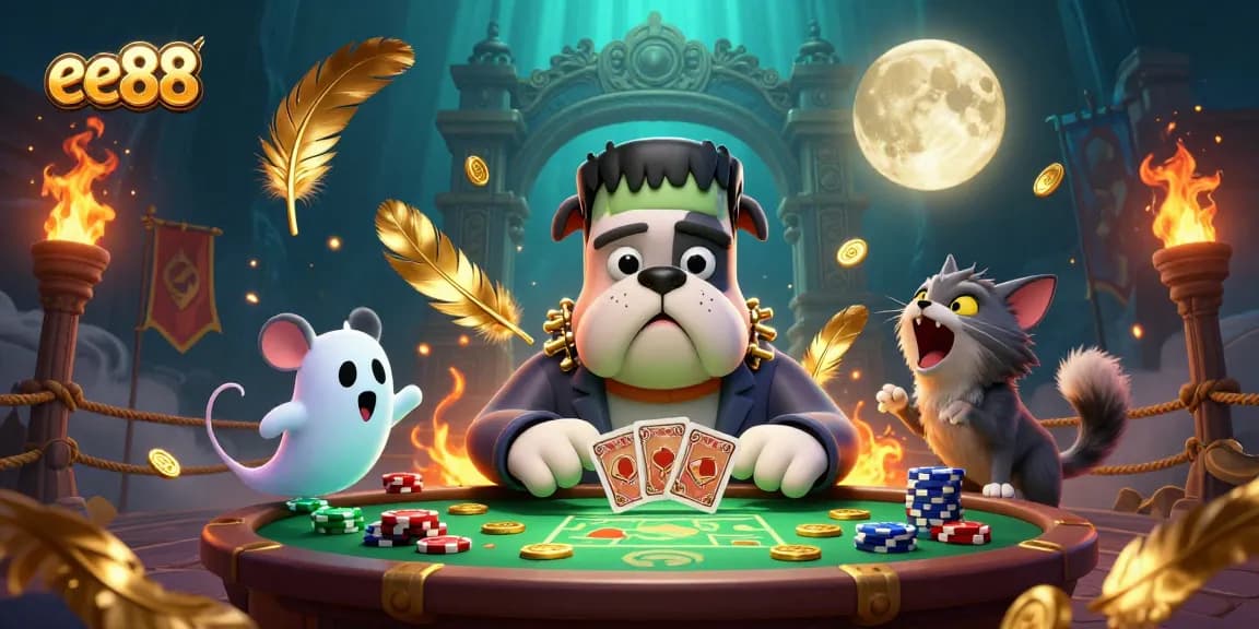 Experience ee88 with a lively scene featuring a 3D Frankenstein bulldog dealer, ghost mouse, and werewolf kitten.