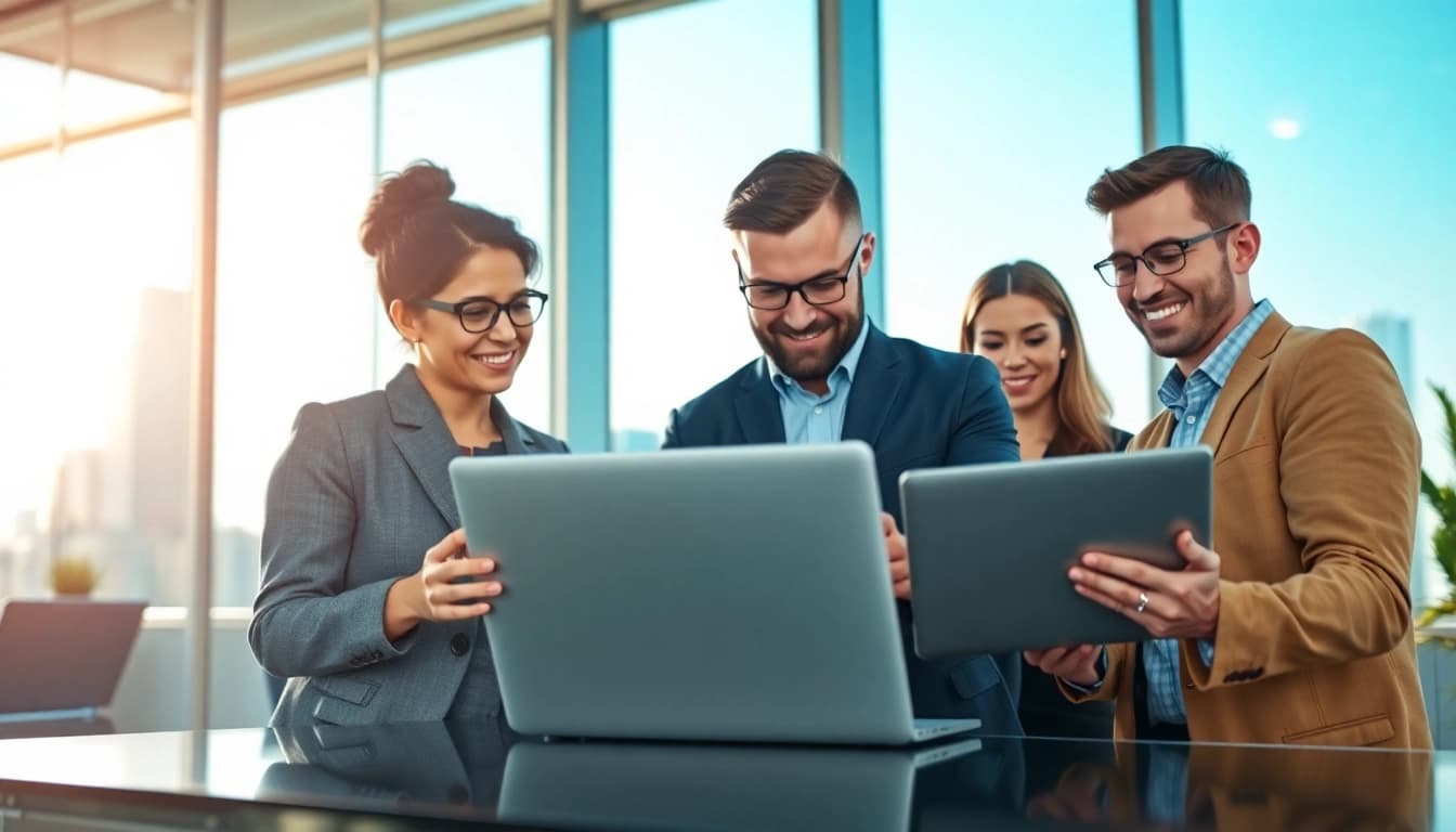 Team collaborating in a professional environment, emphasizing digital first warranty company solutions.