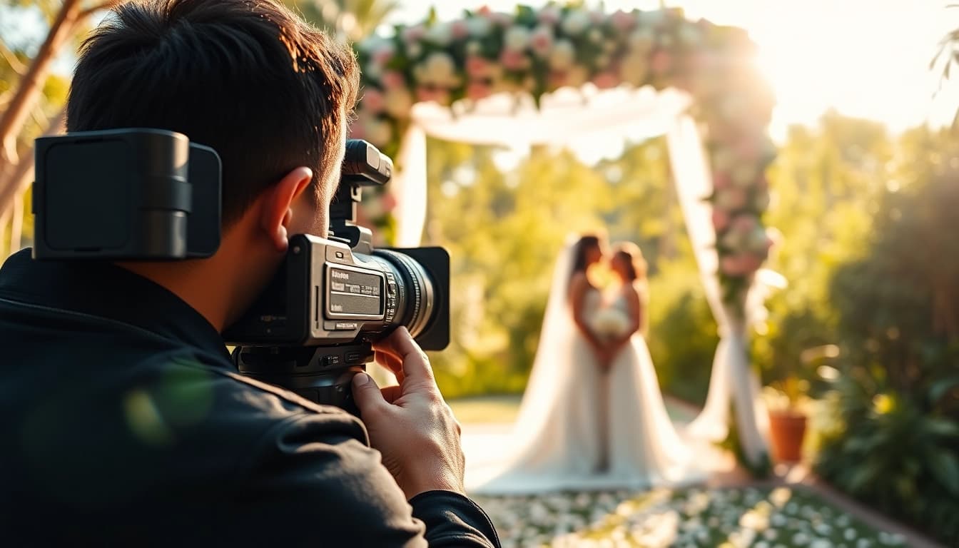 Vediography capturing a wedding moment with vibrant scenery and a skilled videographer in action.