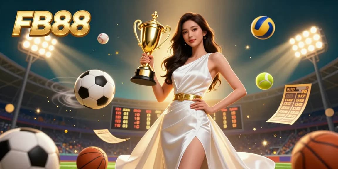 Win big at FB88, featuring a victorious woman holding a trophy amidst vibrant sports betting elements.