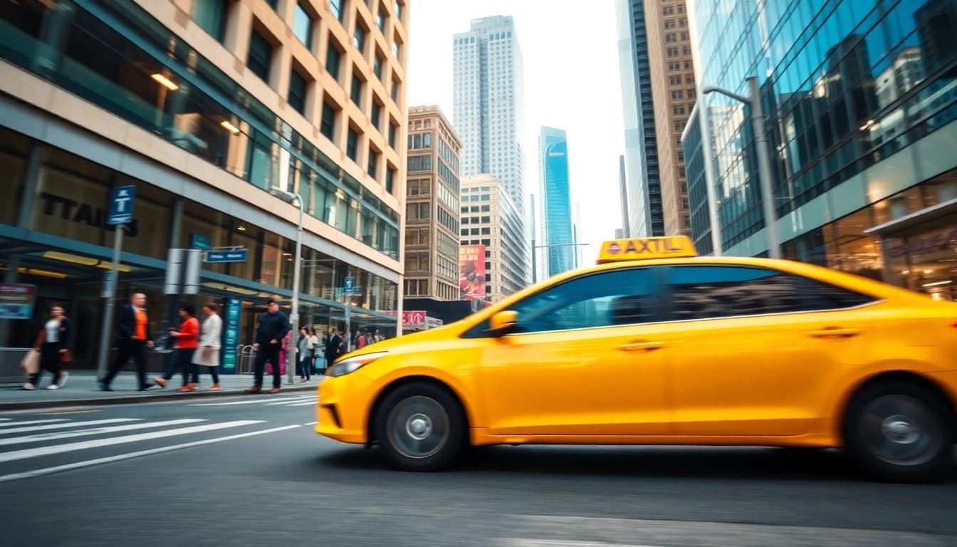 Taxi navigating through a vibrant urban street scene filled with pedestrians.