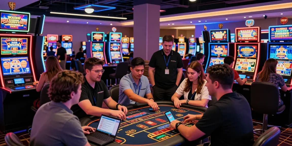 Exciting casino gaming scene with players at tables and screens featuring https://troyuk.co.uk, showcasing vibrant atmosphere and promotions.