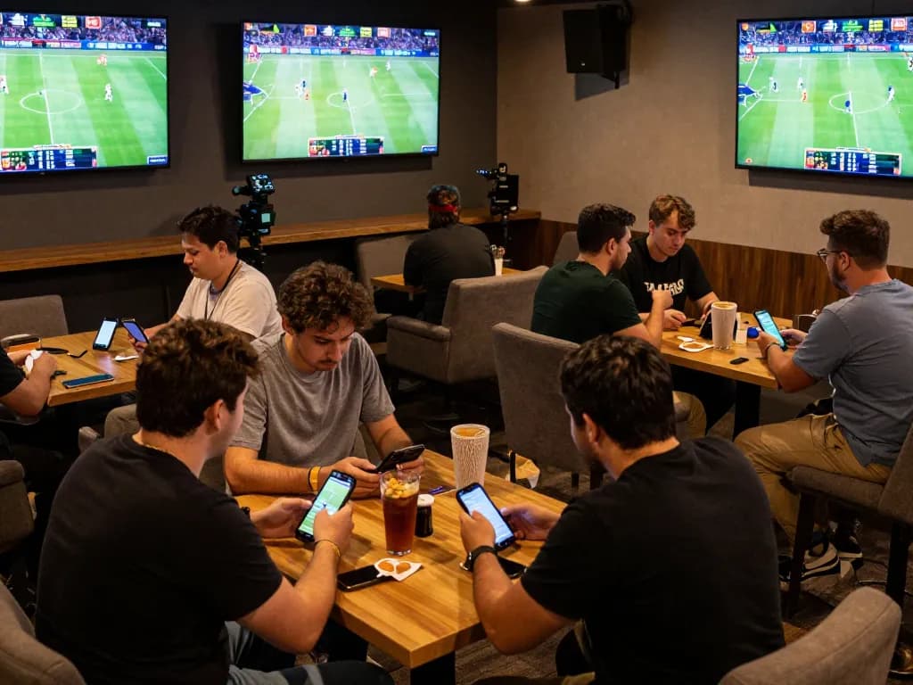 VK88 sports betting lounge with excited fans placing bets and discussing strategies