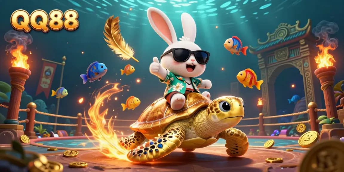 Engage in QQ88’s exciting casino adventures with a lucky rabbit and golden turtle amidst vibrant underwater elements.