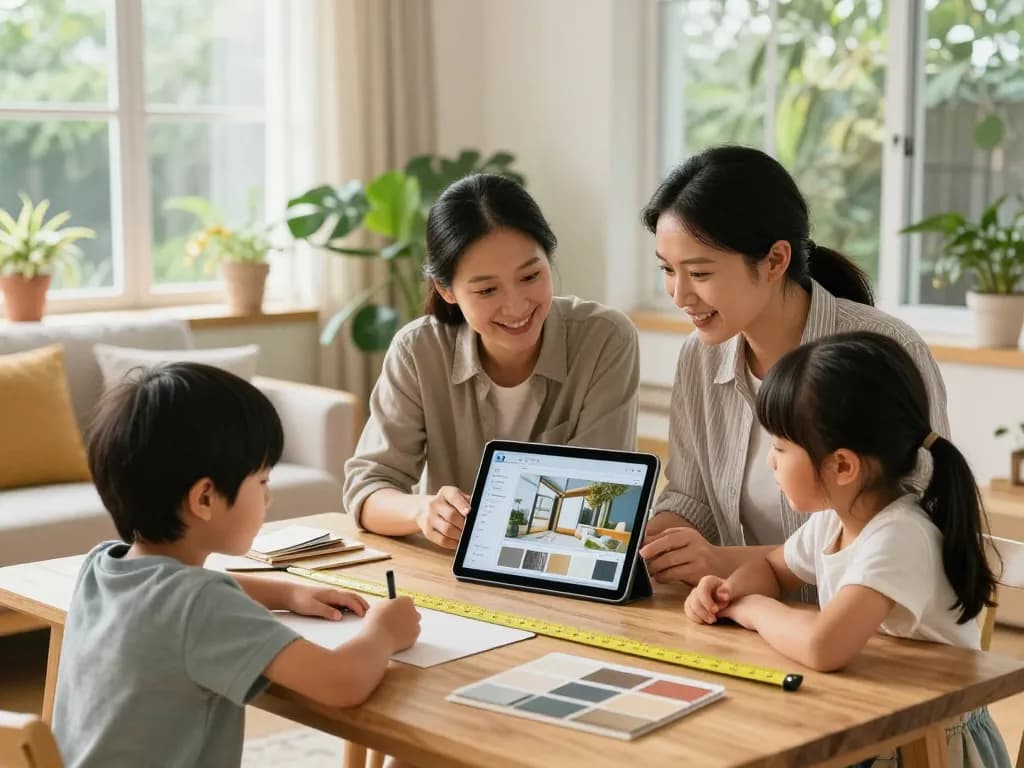 Engaged family using a veranda configurator on a tablet to design their dream outdoor space.