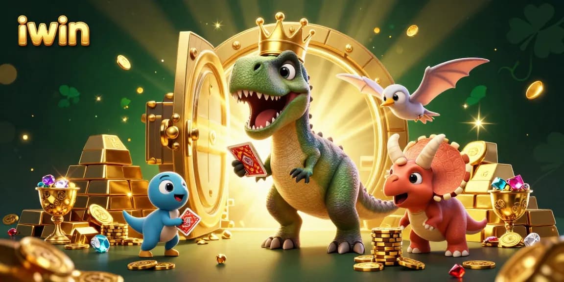 Experience the excitement of iwin as a T-Rex shuffles cards surrounded by gold and jewels.
