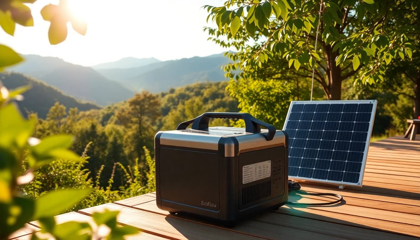 EcoFlow portable power station showcases sustainable outdoor energy solutions in a scenic setting.