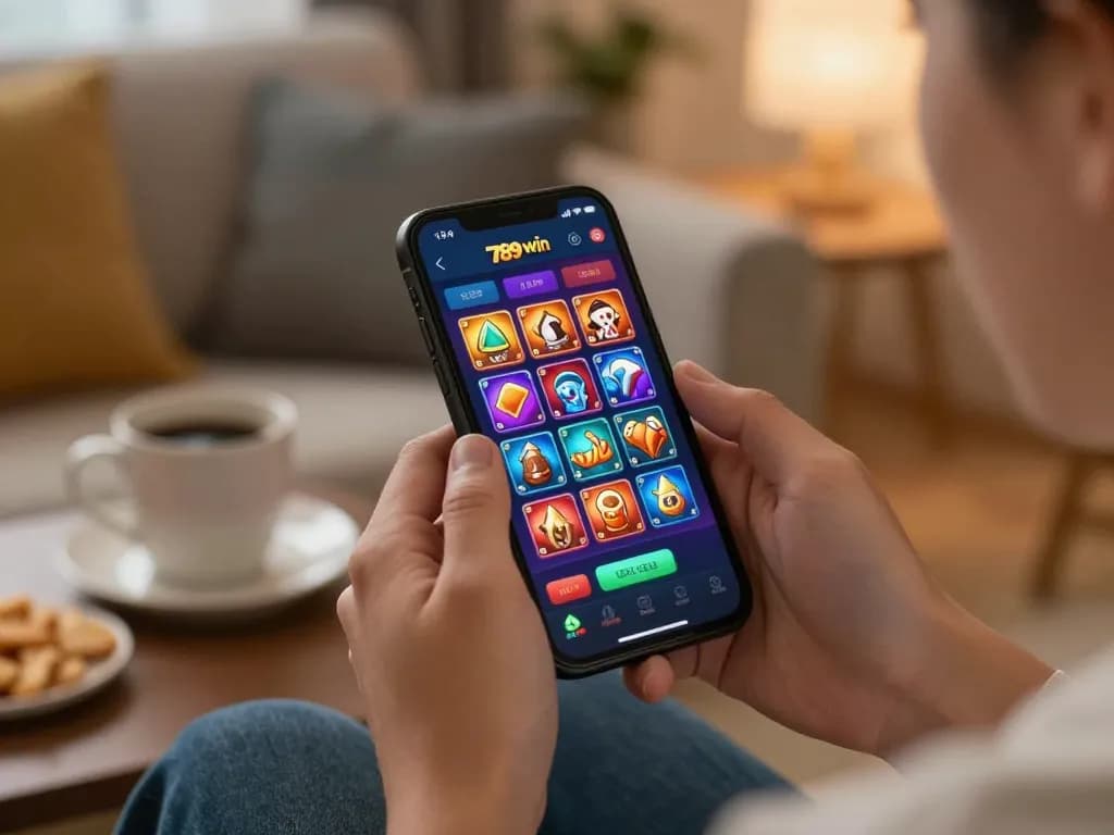 Engaging user plays 789 win on smartphone during evening gaming session, showcasing a dynamic online casino experience.
