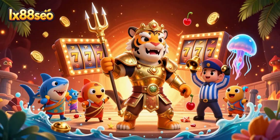 Experience thrilling gameplay with LX88SEO, where a golden gladiator shark wields a trident in an exciting underwater casino scene.
