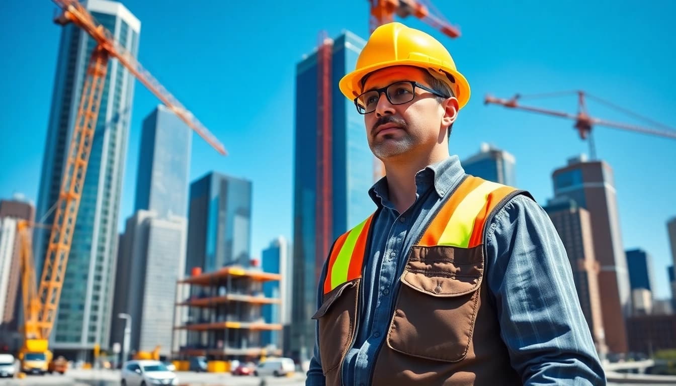 New York General Contractor supervising a busy construction site with cranes and workers.