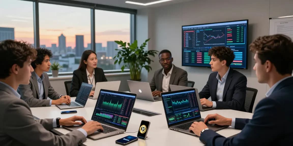 Investors discussing how to Buy BRICS coins in a modern meeting space
