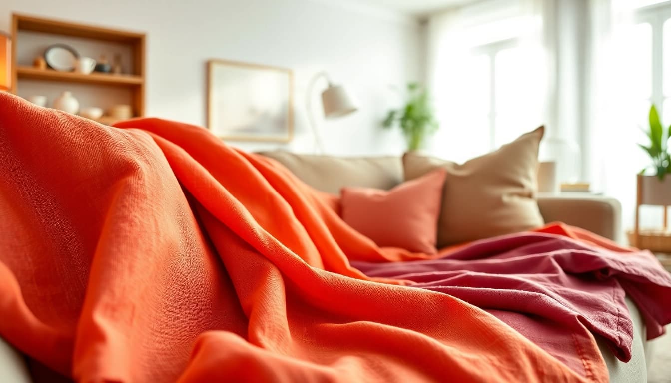 Linnen stoffen tonen op een elegant bankstel met warme kleuren en natuurlijke texturen.
