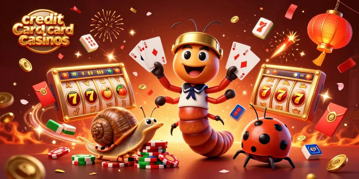 Experience thrilling gameplay at credit card casinos with a dynamic 3D illustration of vibrant characters and casino elements.