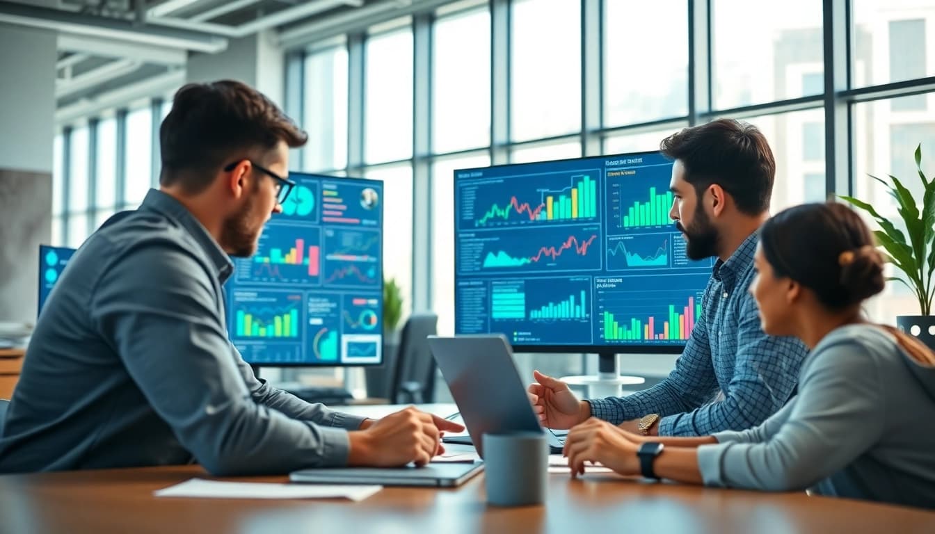 Analyze SEO Rank strategies with a collaborative digital marketing team in a modern office.