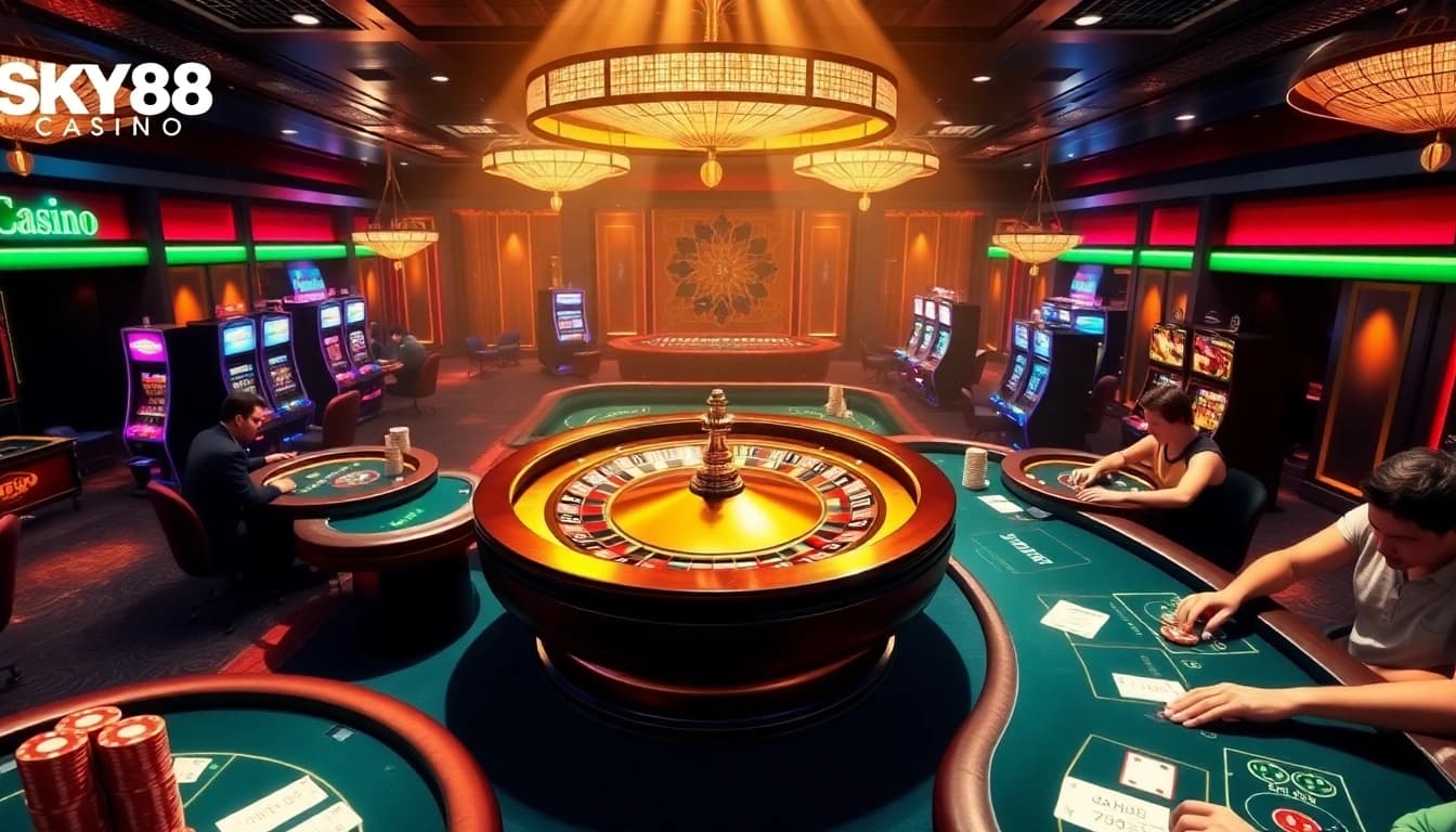 Experience the thrill at SKY88 Casino with vibrant tables and spinning roulette.