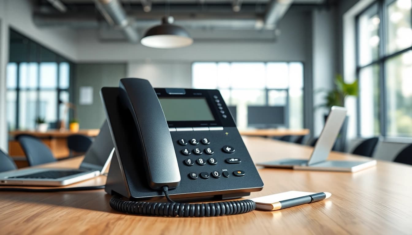 Hosted VoIP phone systems for small business showcased in a professional office setting.