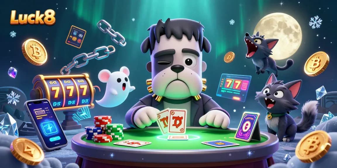 Luck8 showcases a 3D cartoon Frankenstein bulldog dealing cards at a vibrant casino table, surrounded by whimsical crypto elements.
