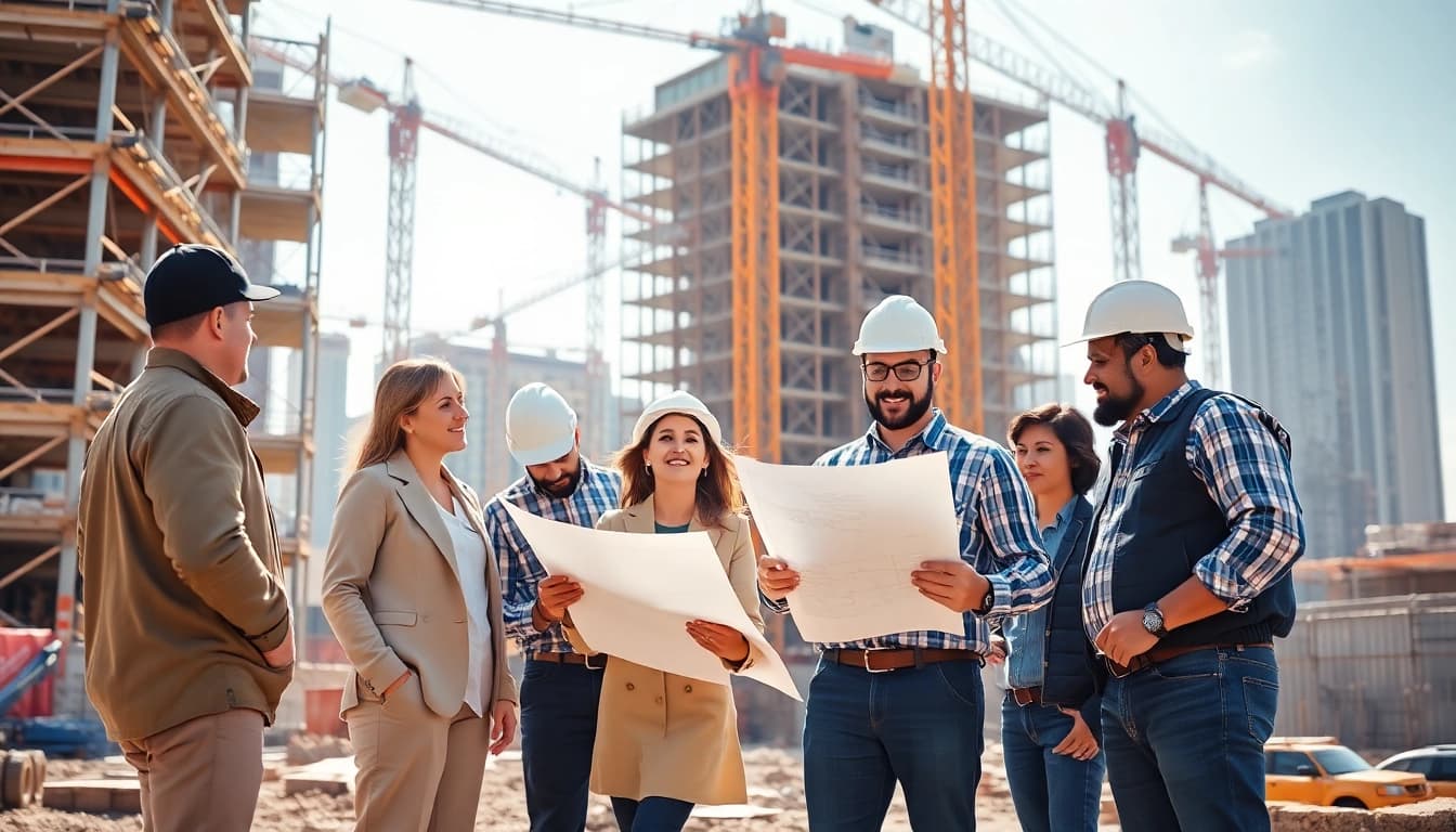 New York Commercial General Contractor collaborating on a busy construction site with diverse team members.