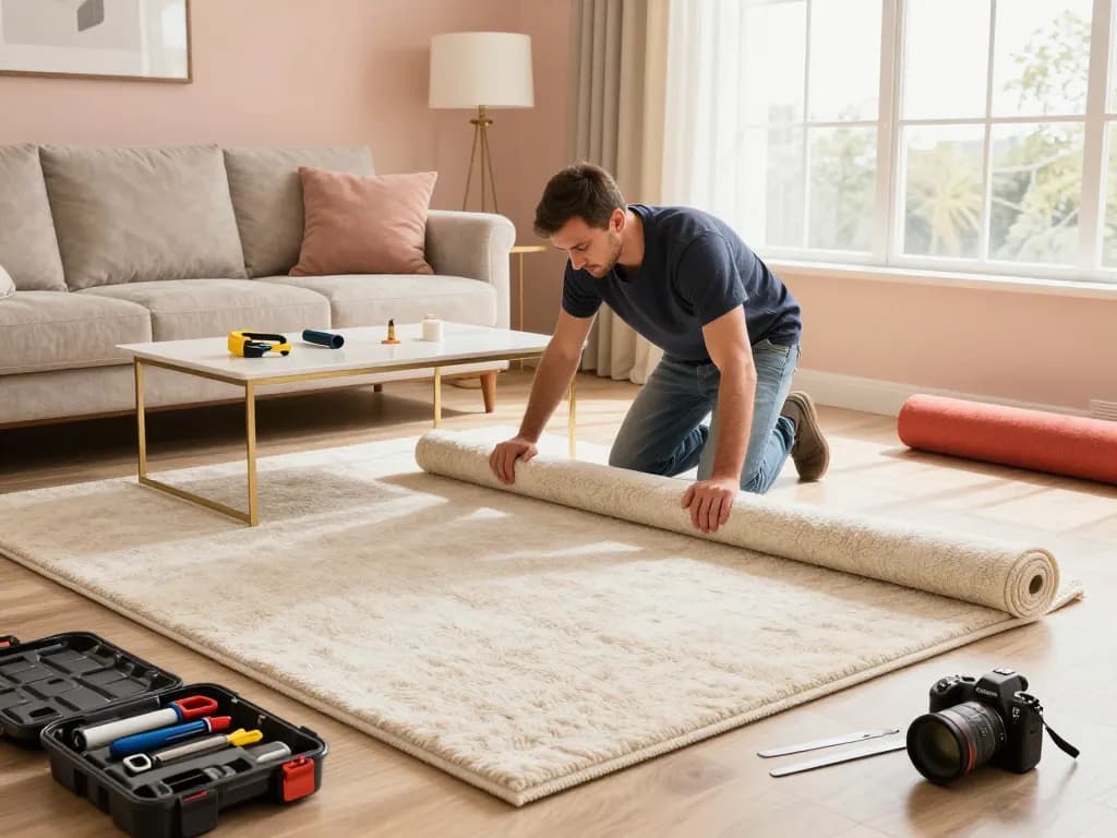 Professional carpet fitters near me installing plush carpet in a stylish living room, showcasing quality workmanship.