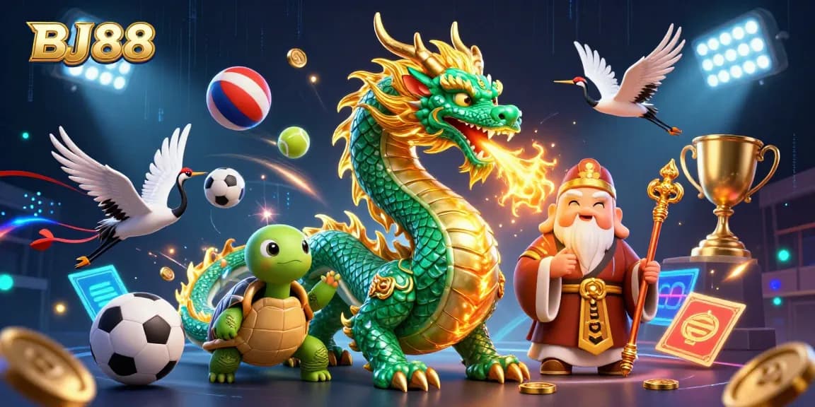 Engage in winning strategies at BJ88, featuring a jade dragon, lucky cranes, and vibrant sports elements.