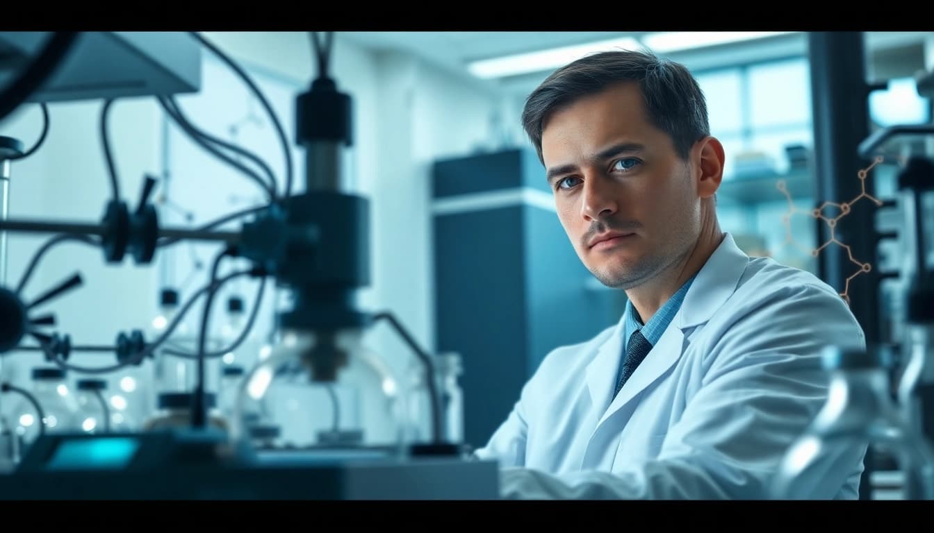 Discover peptides synthesis in a professional lab, showcasing a scientist's expertise and advanced equipment.