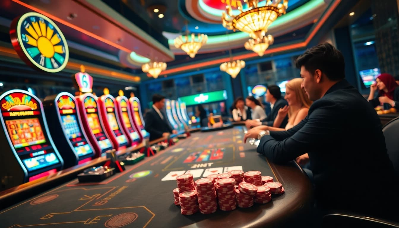 Players enjoying vibrant gaming action at i9bet, showcasing poker chips and casino tables.