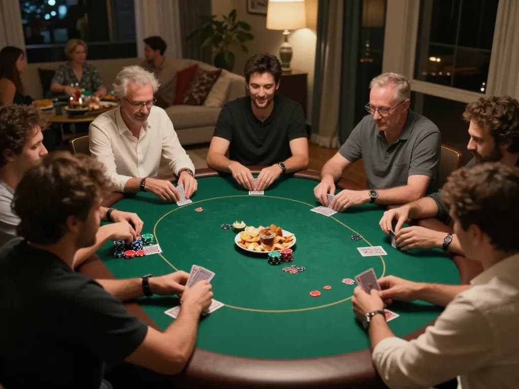 X88 players enjoying a thrilling home poker game, surrounded by chips and snacks.