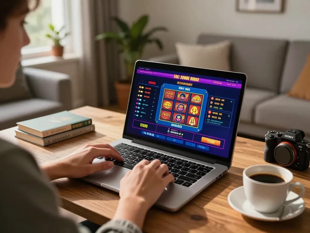 Engaged user playing okwin online casino games at home, showcasing vibrant interface and cozy atmosphere.