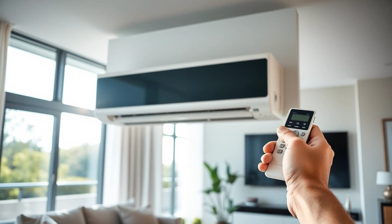 Install a mini split AC in a modern living room, showcasing sleek design and comfort.