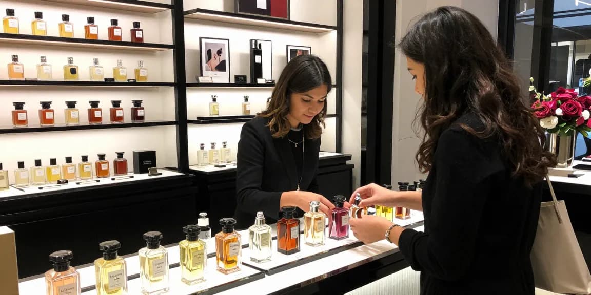 Customers exploring Razaouge 540 and premium perfumes in an elegant fragrance boutique