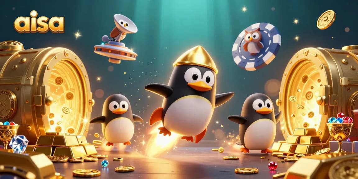 Aisa celebrates winning strategies with a golden penguin in a vibrant casino-themed scene.