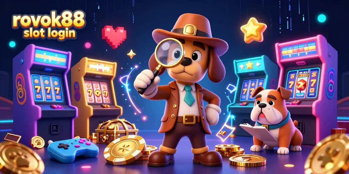 Engage with rokok88 slot login through a dynamic illustration featuring a detective and arcade elements.