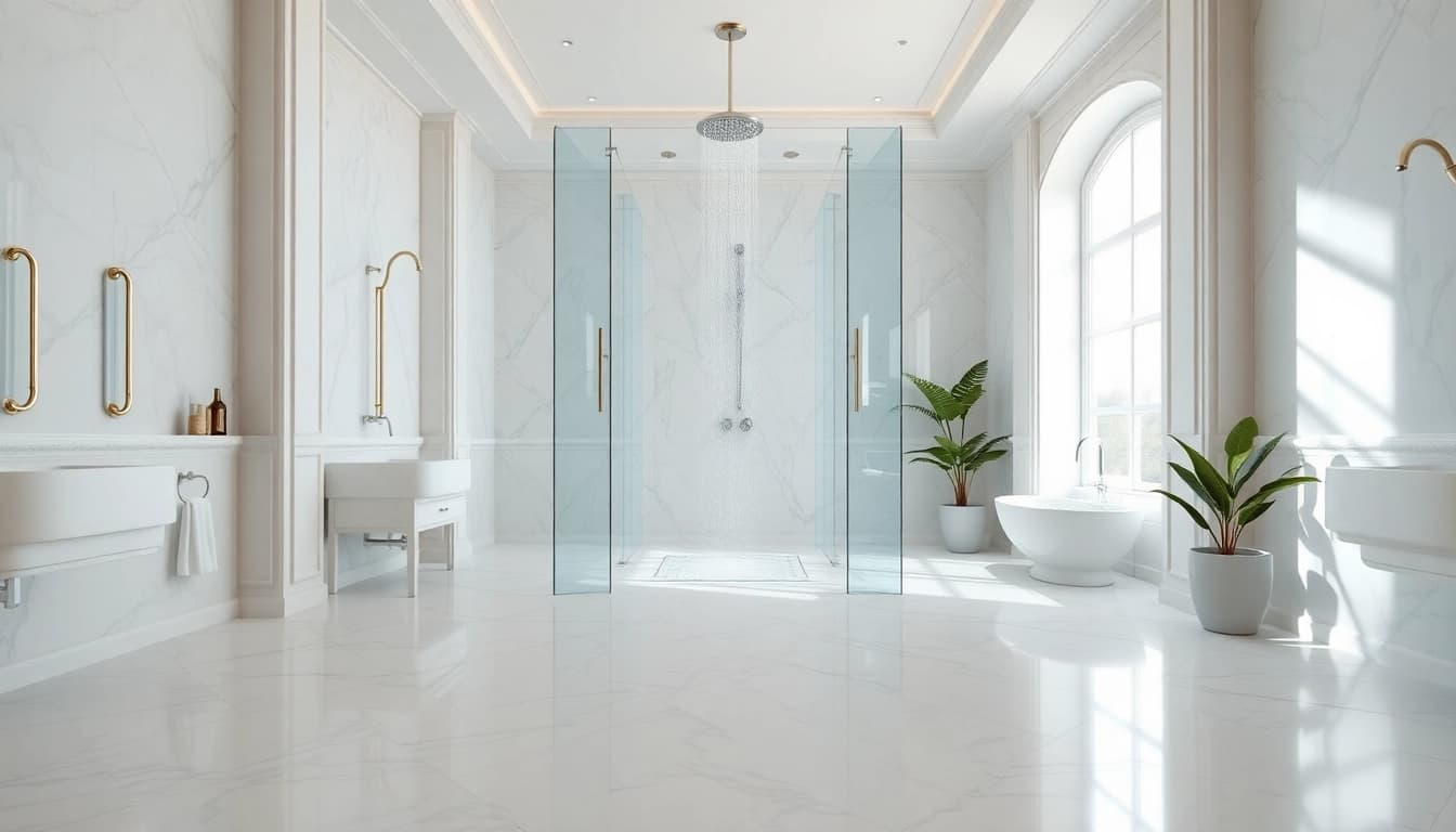 Experience elegant showers in a luxurious bathroom featuring a sleek glass enclosure and rainfall showerhead.