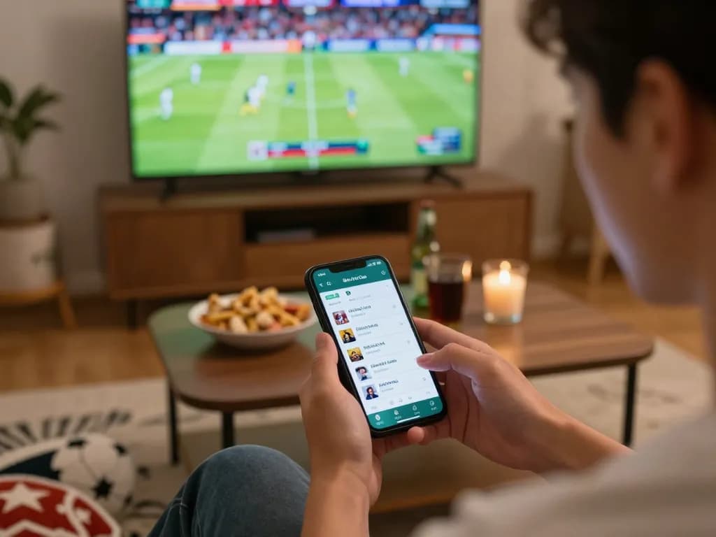 Kèo Nhà Cái action as a person engages with sports betting on a smartphone at home