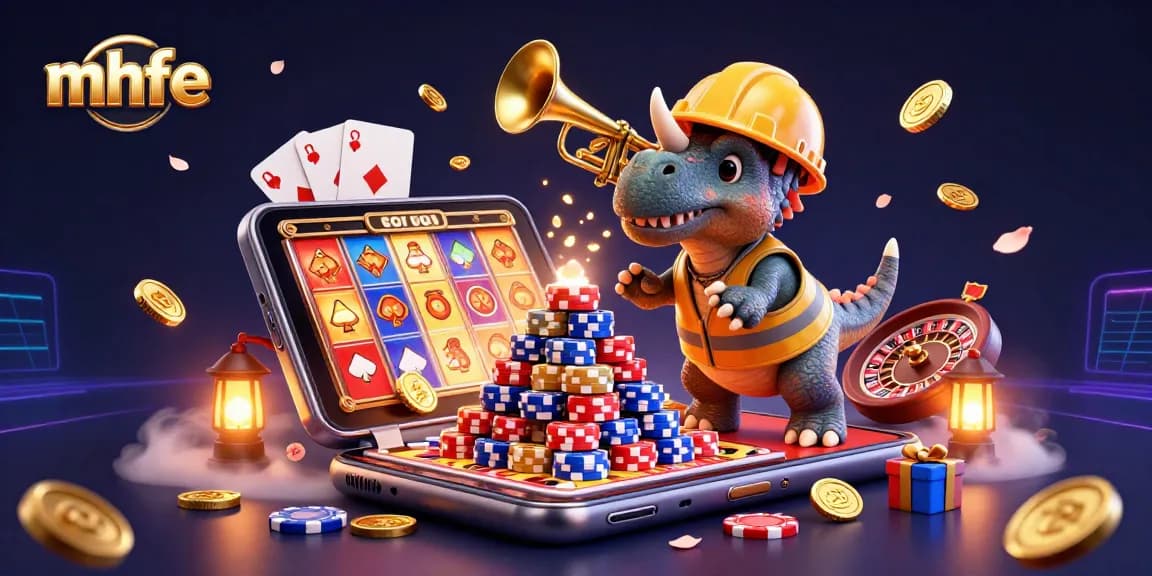 Join the fun at mhfe's colorful casino celebration with dinosaurs building poker chip towers.