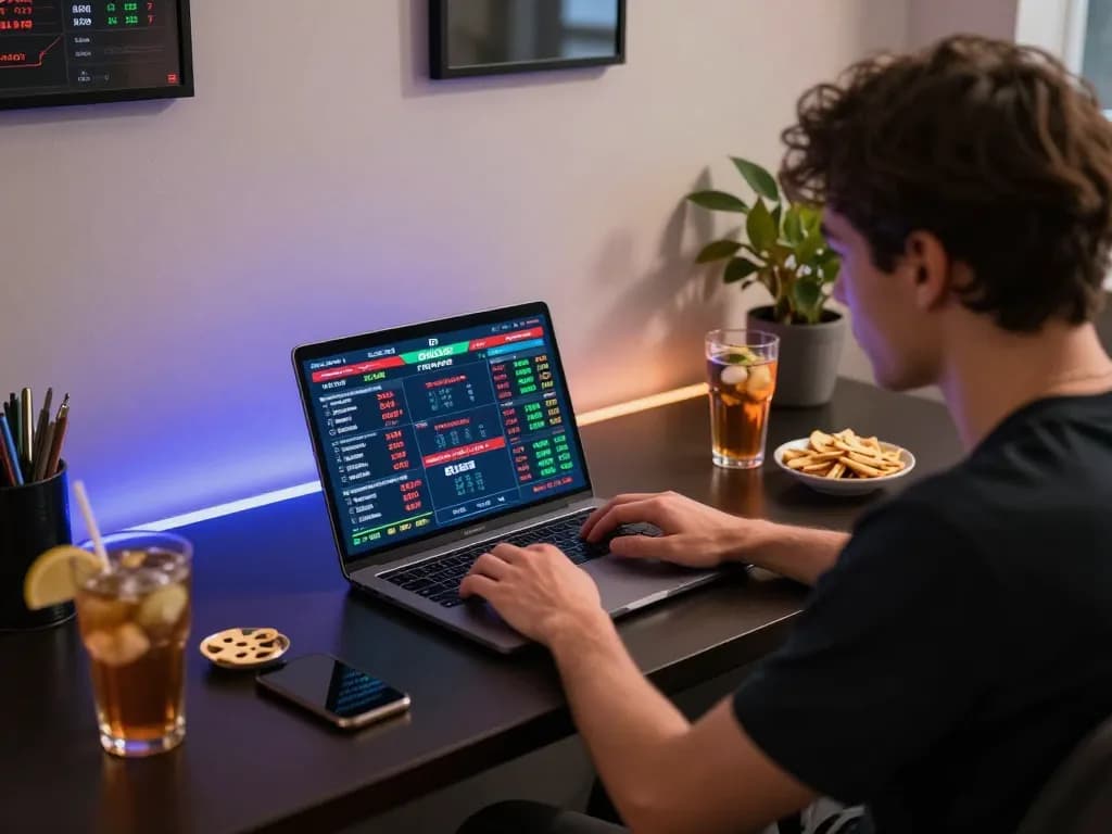 Engaging in live sports betting through 8live on a laptop in a cozy home setting.