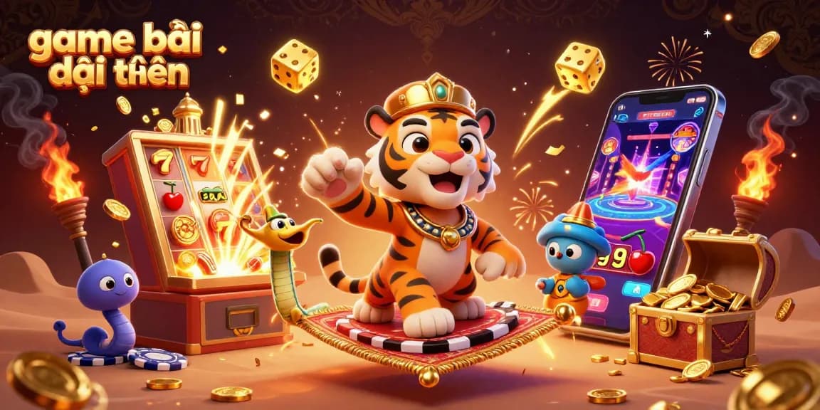Experience the thrill of game bài đổi thưởng with vibrant 3D casino illustrations capturing dynamic action and rewards.