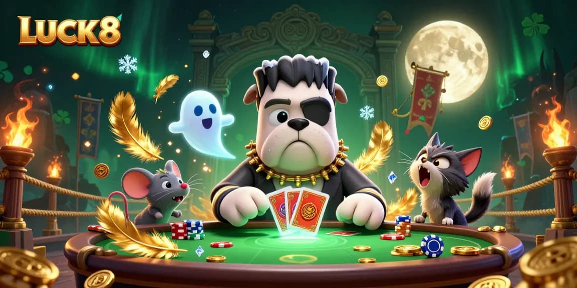 LUCK8 showcases a thrilling casino scene with lively characters playing cards and interacting in an exciting gaming environment.