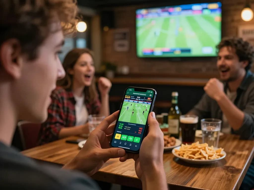 Person engaging in sports betting with the ok8386 app during a live game, showcasing excitement and social betting atmosphere.
