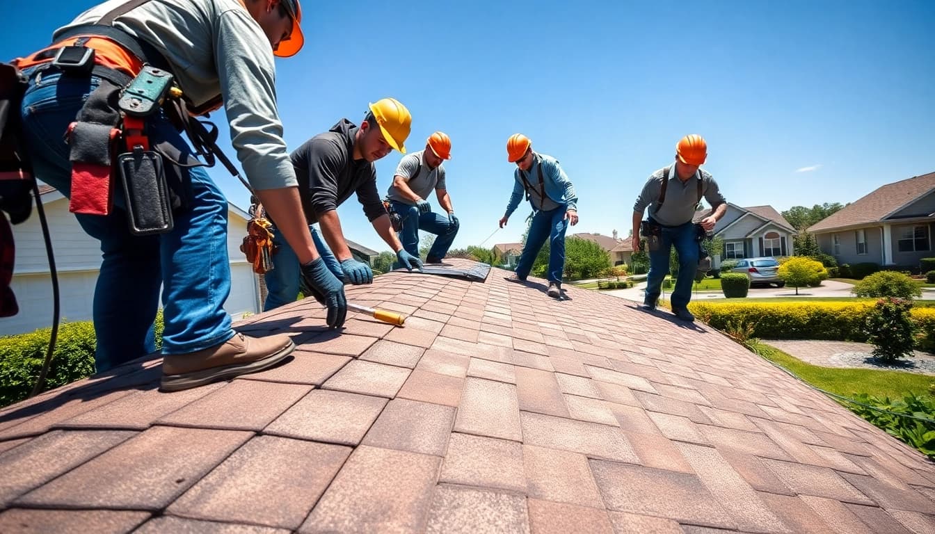 Roofing company team working diligently on a new roof installation, showcasing craftsmanship.